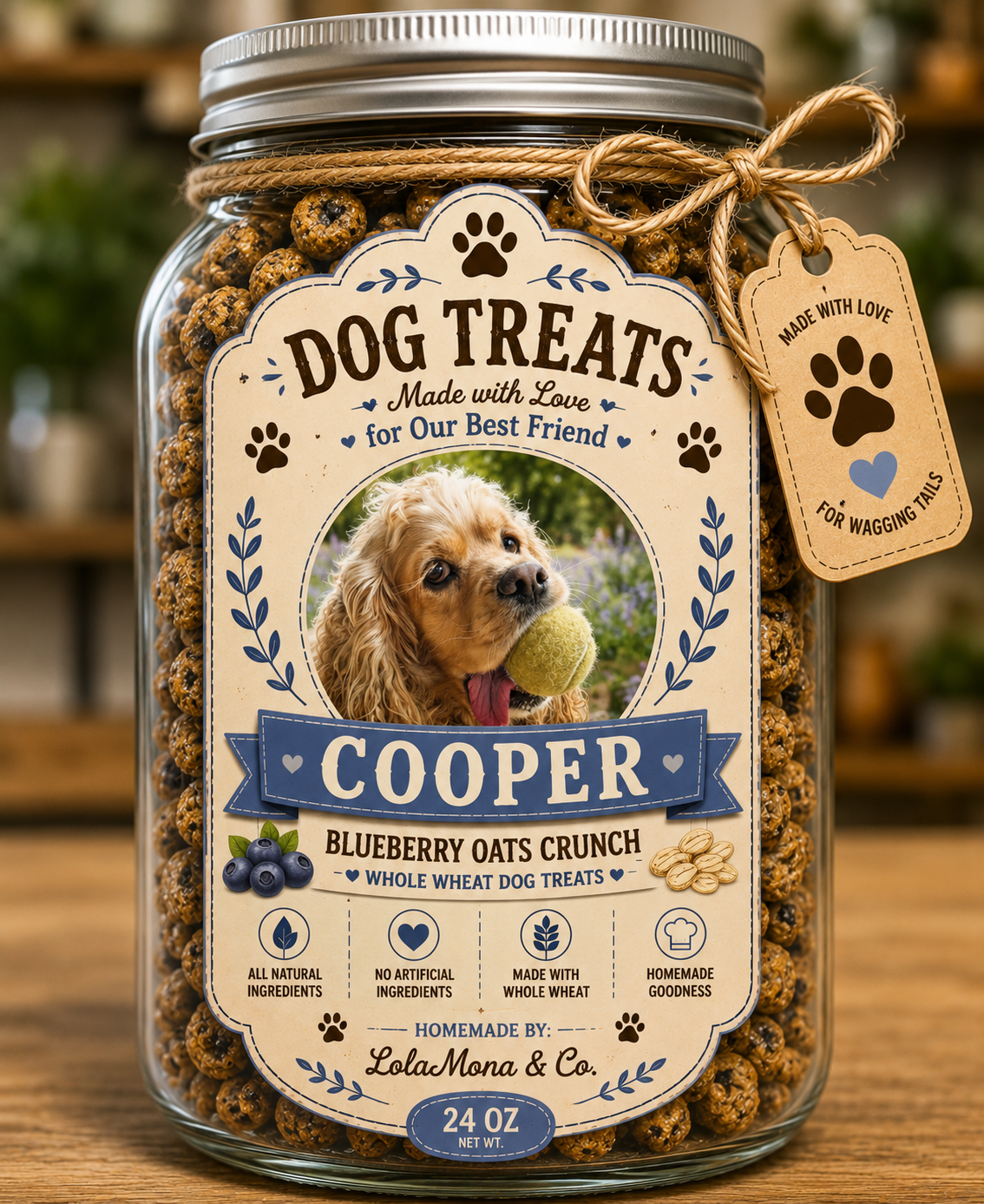 Personalized Dog Treat Jar | Custom Pet Photo Treat  |  Dog Name Jar | Peanut Butter & Pumpkin Treat Storage | Dog Lover Gift I 24oz Jar