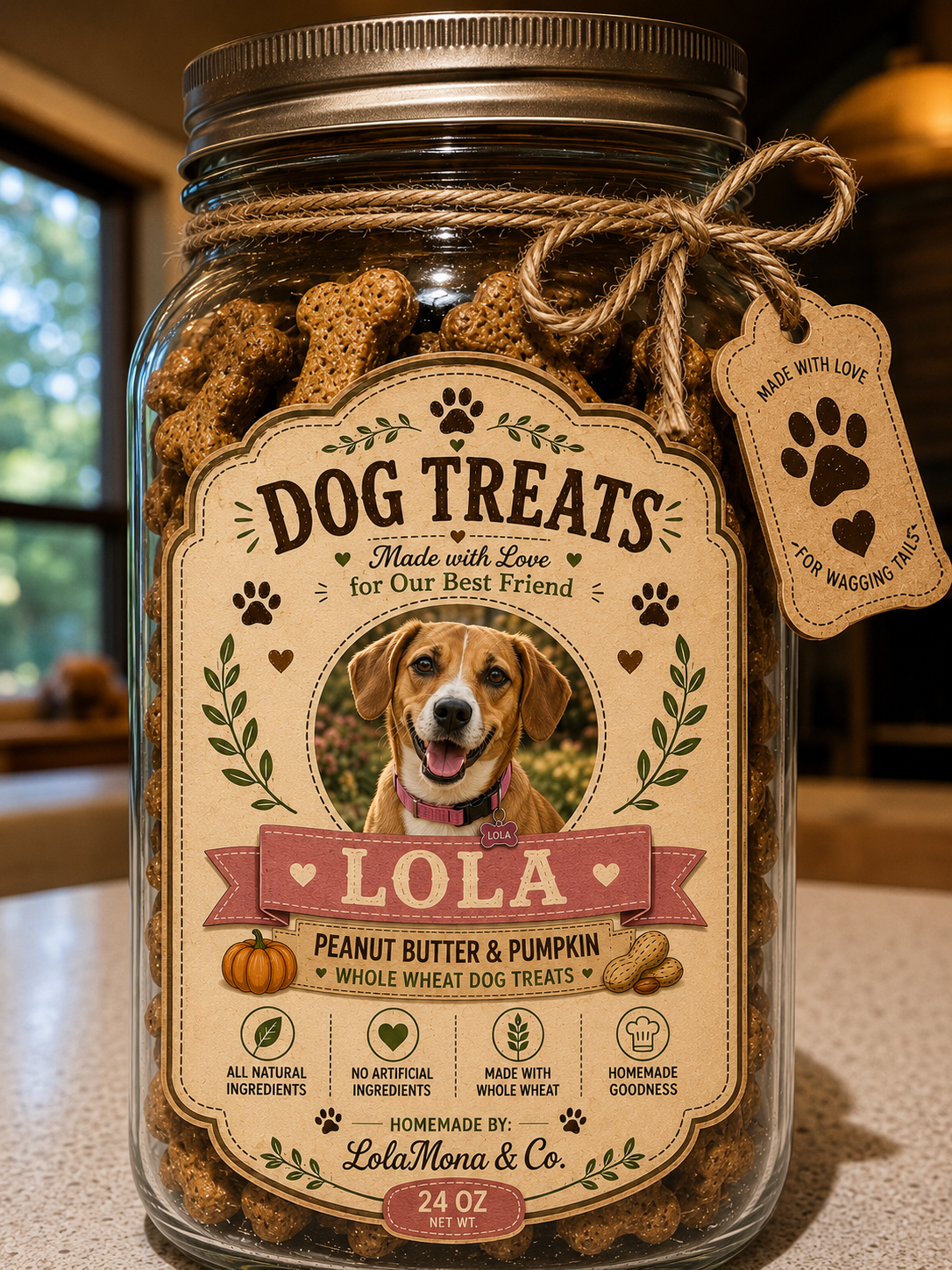 Personalized Dog Treat Jar | Custom Pet Photo Treat  |  Dog Name Jar | Peanut Butter & Pumpkin Treat Storage | Dog Lover Gift I 24oz Jar