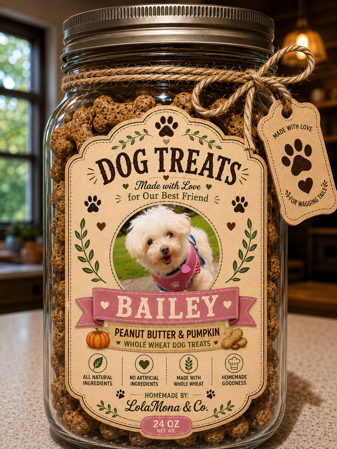 Personalized Dog Treat Jar | Custom Pet Photo Treat  |  Dog Name Jar | Peanut Butter & Pumpkin Treat Storage | Dog Lover Gift I 24oz Jar